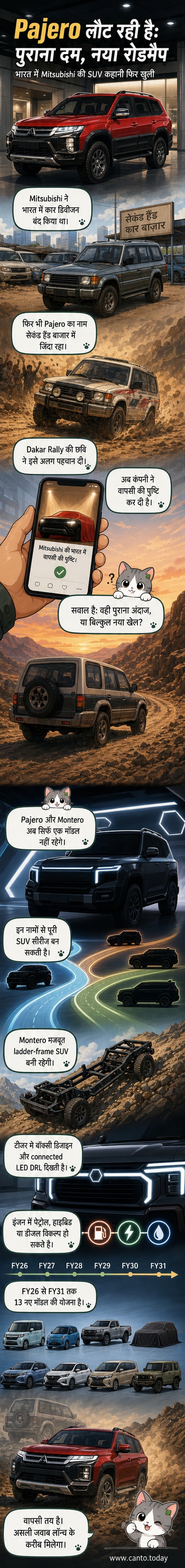 मित्सुबिशी पजेरो की वापसी की घोषणा करते हुए एक टीजर इमेज, जिसमें बॉक्सी डिजाइन और LED लाइट्स के साथ एक नई एसयूवी दिखाई दे रही है।
