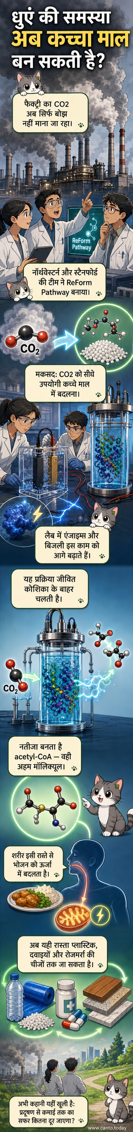 एक फैक्ट्री से निकलते धुएं के साथ एक रासायनिक प्रक्रिया जिसमें CO2 एसिटाइल-CoA में बदल रहा है, जिससे प्लास्टिक और दवाएं बन सकती हैं।