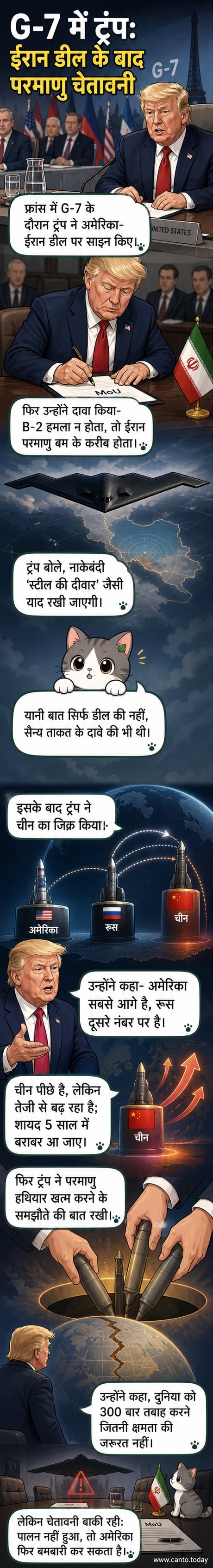 एक वेबटून पैनल जिसमें डोनाल्ड ट्रंप G-7 शिखर सम्मेलन में बोलते हुए दिखाई दे रहे हैं, पृष्ठभूमि में ईरान और चीन के प्रतीक चिन्ह दिखाई दे रहे हैं।
