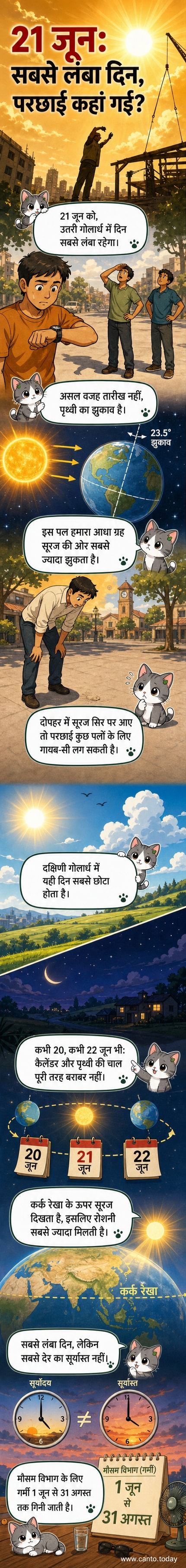21 जून को ग्रीष्म संक्रांति के दिन सूरज सिर के ठीक ऊपर है और एक व्यक्ति की परछाई नहीं दिख रही है। पृथ्वी का झुकाव और सूरज की रोशनी की दिशा स्पष्ट दिखाई दे रही है।