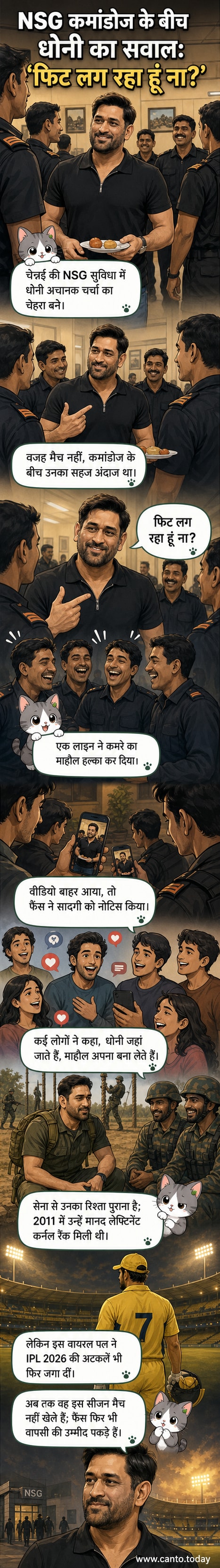 एमएस धोनी काली टी-शर्ट और जींस में NSG कमांडोज के साथ बैठे हैं, हाथ में खाने की प्लेट है, सभी मुस्कुरा रहे हैं।