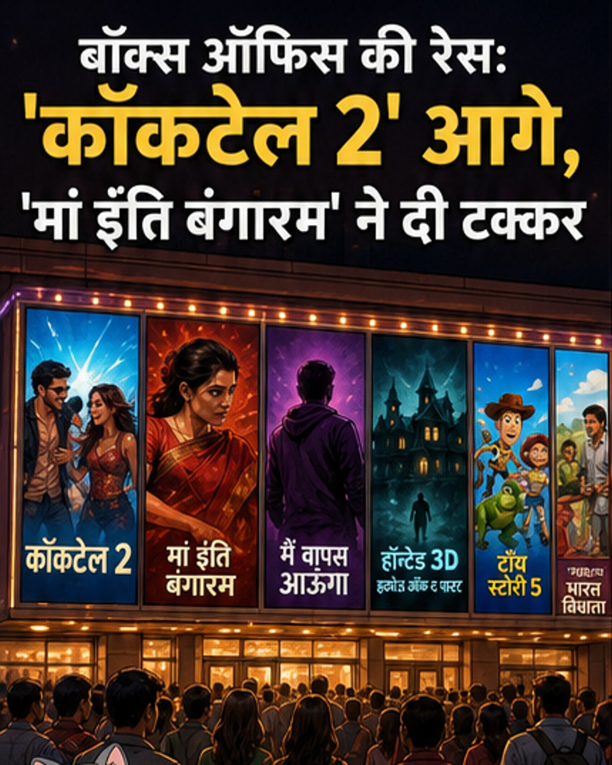 एक थिएटर स्क्रीन पर फिल्मों के पोस्टर के साथ बॉक्स ऑफिस कलेक्शन के आंकड़े दिखाई दे रहे हैं, जिसमें कॉकटेल 2, मां इंति बंगारम और मैं वापस आऊंगा शामिल हैं।