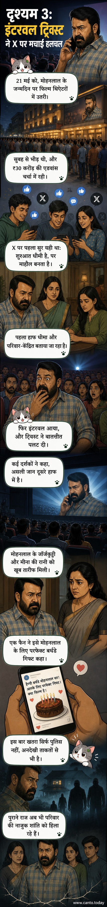 मोहनलाल अभिनीत फिल्म 'दृश्यम 3' का पोस्टर, जहां वह एक गहरे विचार में डूबे हुए दिख रहे हैं, पृष्ठभूमि में धुंधले शहर और खतरे का एहसास दिखाई देता है।