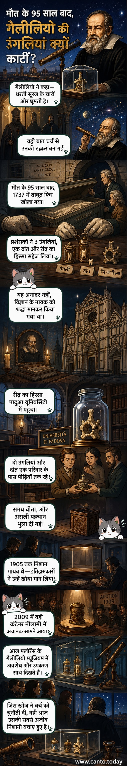 गैलीलियो गैलीली की उंगली कांच के बक्से में रखी हुई है, पीछे उनके दूरबीन और खगोलीय उपकरण प्रदर्शित हैं।