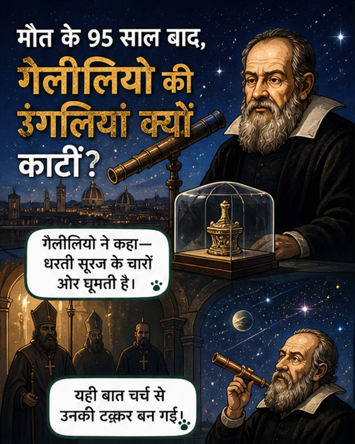 गैलीलियो गैलीली की उंगली कांच के बक्से में रखी हुई है, पीछे उनके दूरबीन और खगोलीय उपकरण प्रदर्शित हैं।