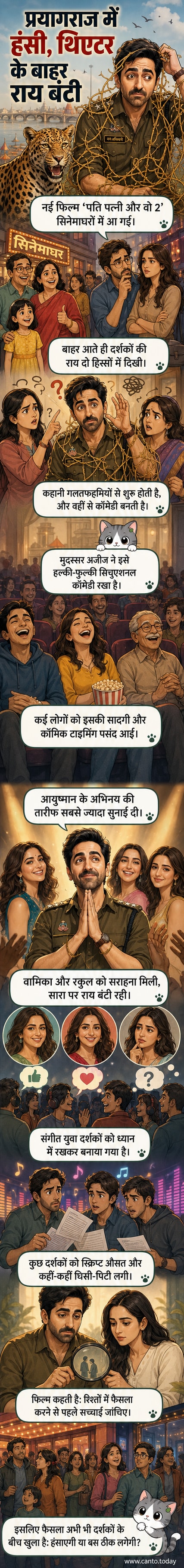 आयुष्मान खुराना और तीन अभिनेत्रियों के साथ फिल्म 'पति पत्नी और वो 2' का पोस्टर, जिसमें हास्य और तनाव भरे पल दिखाए गए हैं।