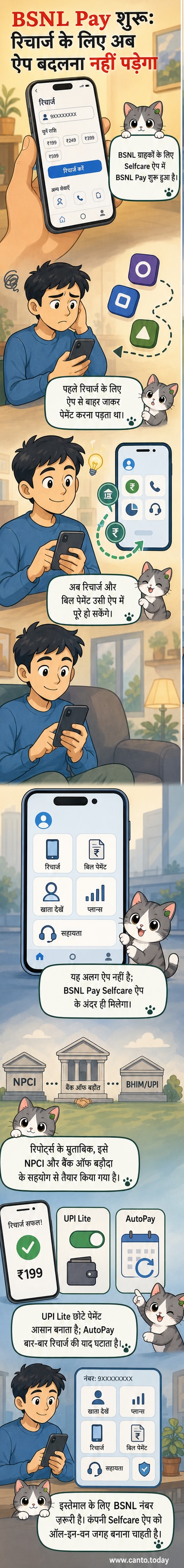एक स्मार्टफोन स्क्रीन पर BSNL Selfcare ऐप के अंदर BSNL Pay का लोगो और UPI भुगतान विकल्प दिखाई दे रहे हैं।