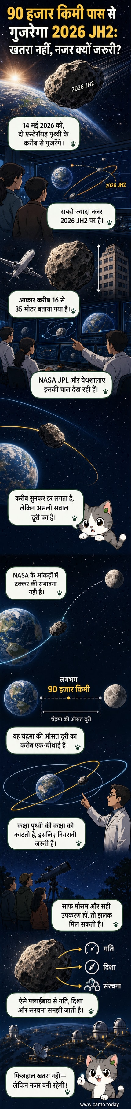 एक एस्टेरॉयड पृथ्वी के बहुत करीब से गुजरता हुआ, जिसका आकार एक बड़े विमान जितना दिखाया गया है। पृष्ठभूमि में चंद्रमा और अंतरिक्ष है।