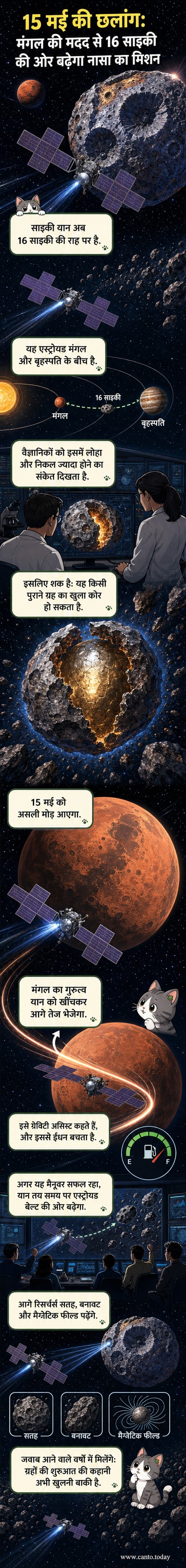 एक अंतरिक्ष यान मंगल ग्रह के पास से गुजरता हुआ, जिसके पीछे सूरज की रोशनी में धूमकेतु जैसी आकृति दिख रही है। आगे एक धातु से ढके एस्ट्रोयड की छवि है।