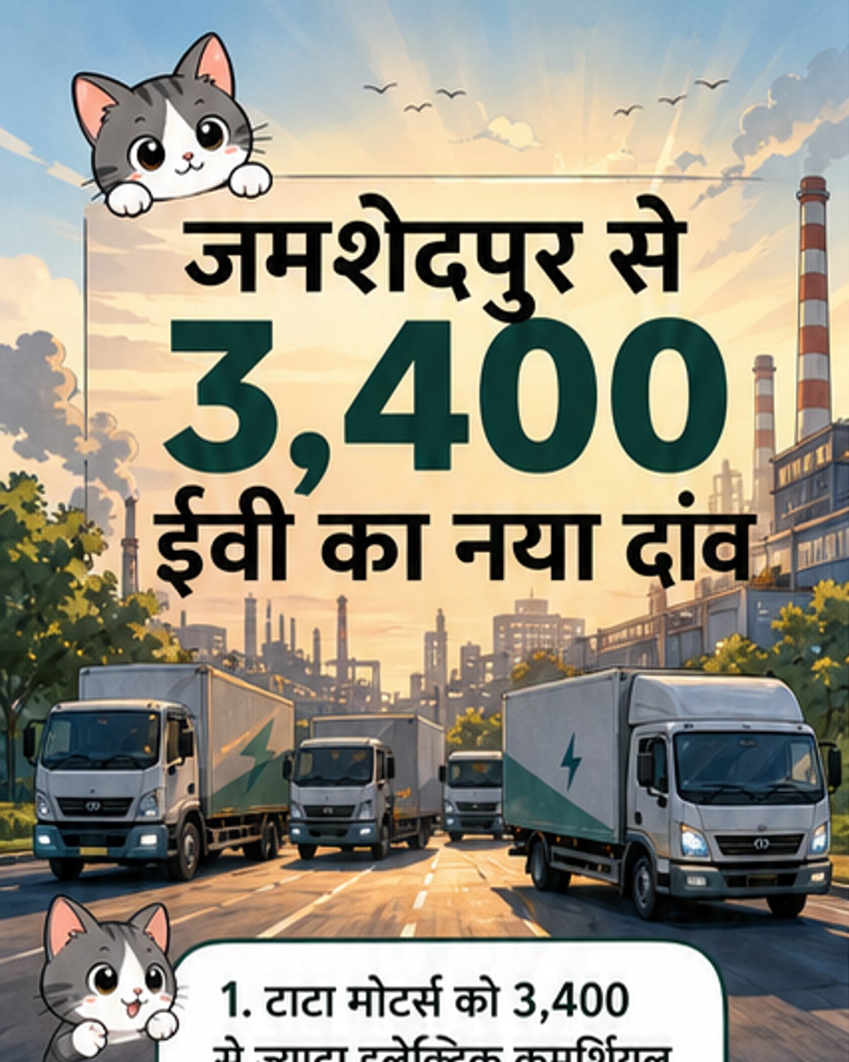 एक टाटा इलेक्ट्रिक ट्रक जमशेदपुर प्लांट के सामने खड़ा है, पीछे उद्योगिक इमारतें और धुआं छोड़ते चिमनियां दिख रही हैं, जो पारंपरिक और नवीन तकनीक के संगम को दर्शाता है।