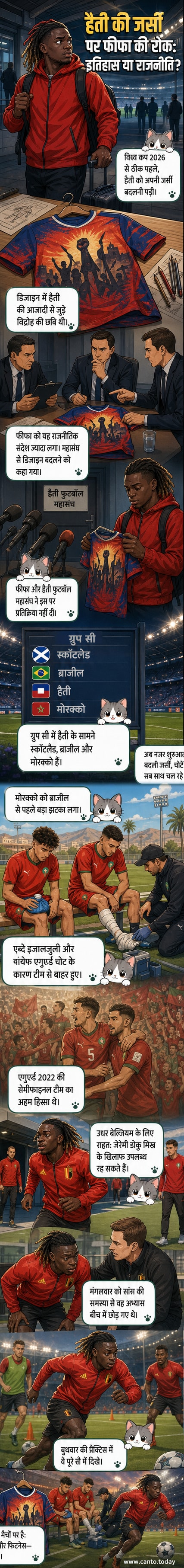 फीफा विश्व कप 2026 के दौरान हैती की टीम की जर्सी पर आजादी के विद्रोह की छवि के कारण फीफा द्वारा रोक लगाई गई, जबकि बेल्जियम के जेरेमी डोकु फिट होकर मैदान में लौटे।