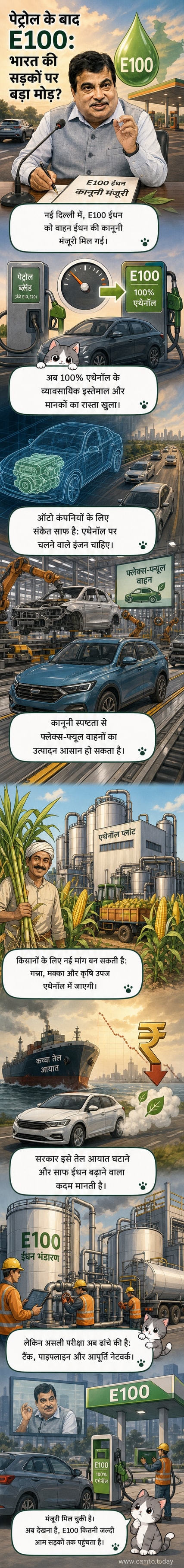 एक गाड़ी के डैशबोर्ड पर E100 ईंधन का डिजिटल डिस्प्ले चमक रहा है, पीछे हरे रंग के खेत और एक बायो-ईंधन पंप दिख रहा है।