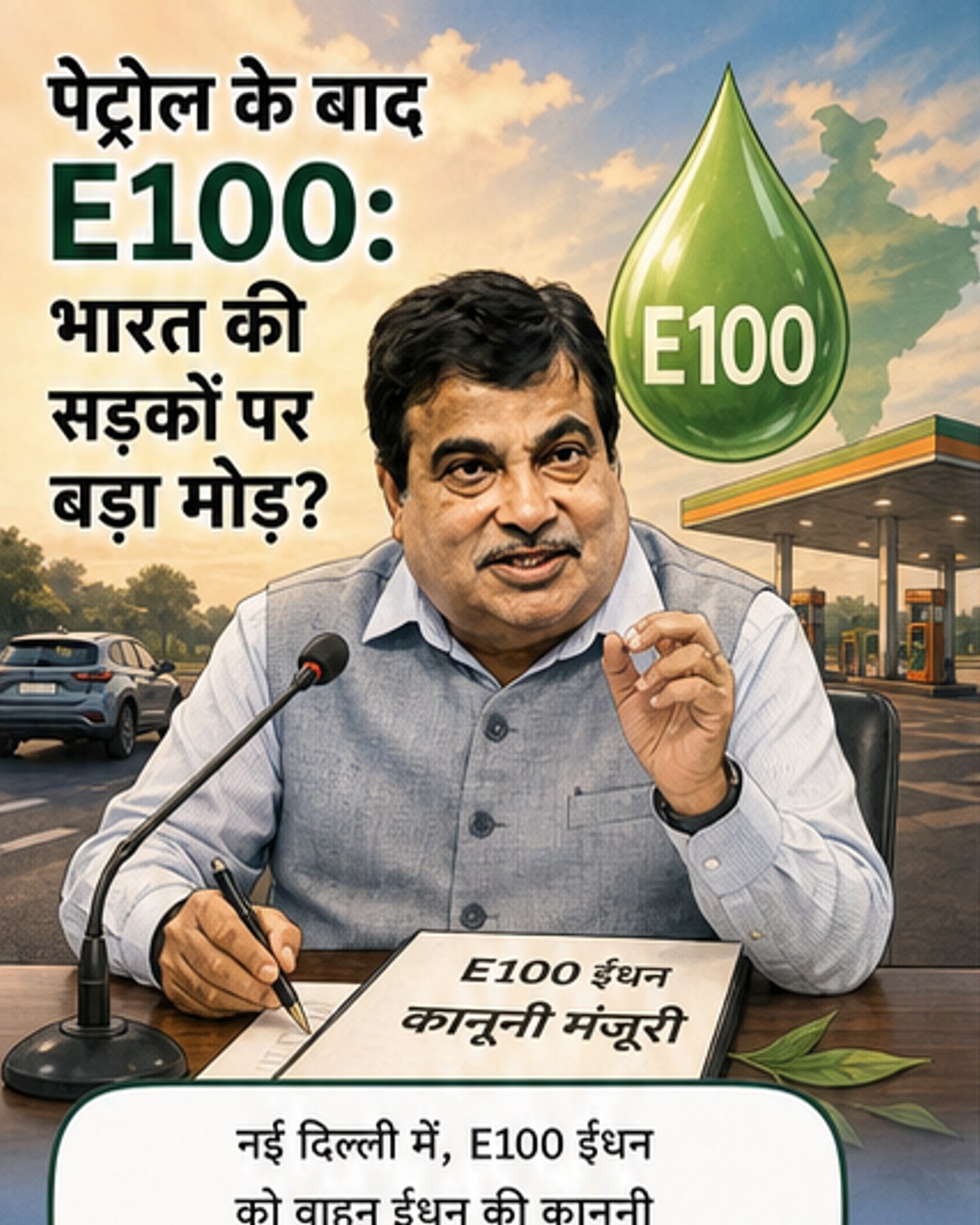 एक गाड़ी के डैशबोर्ड पर E100 ईंधन का डिजिटल डिस्प्ले चमक रहा है, पीछे हरे रंग के खेत और एक बायो-ईंधन पंप दिख रहा है।
