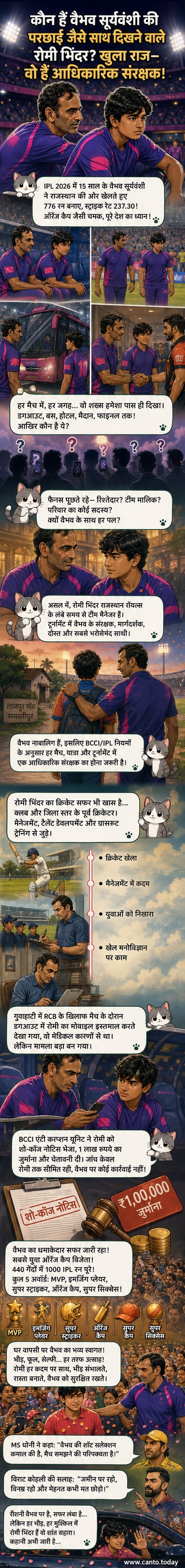 एक युवा क्रिकेटर वैभव सूर्यवंशी और उनके गार्जियन रोमी भिंडर के साथ आईपीएल डगआउट में बैठे हुए, पृष्ठभूमि में मैदान और भीड़ दिखाई दे रही है।
