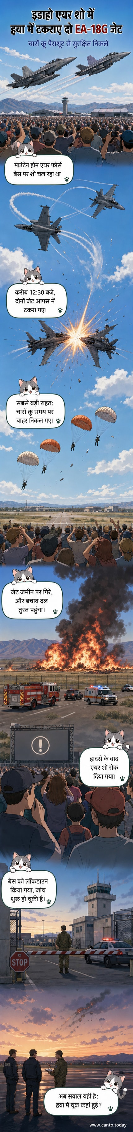 दो लड़ाकू विमान हवा में टकराते हुए, टूटते हुए और जमीन पर आग का गोला बनते हुए, चार पैराशूट धीरे-धीरे नीचे उतरते हुए।
