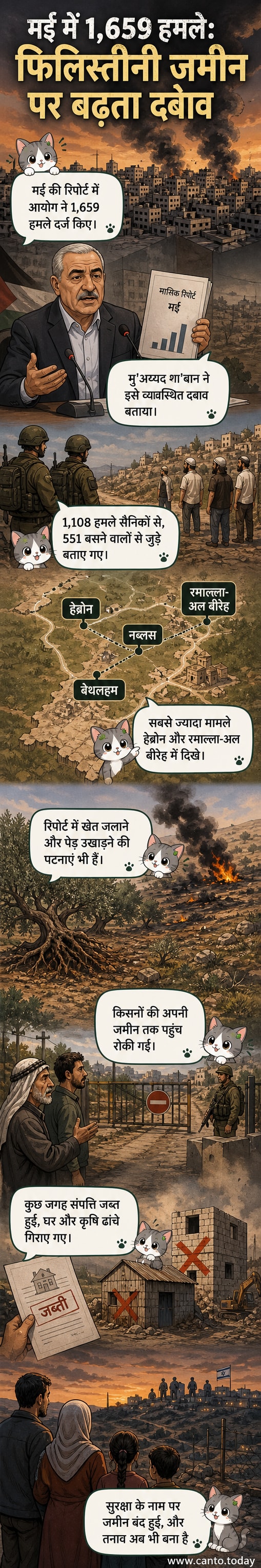 एक फिलिस्तीनी आयोग की रिपोर्ट जो मई में इजरायली सैनिकों और बस्तियों द्वारा किए गए 1,659 हमलों को दिखाती है, जिनमें हेब्रोन और रमाल्ला में सबसे अधिक घटनाएं शामिल हैं।