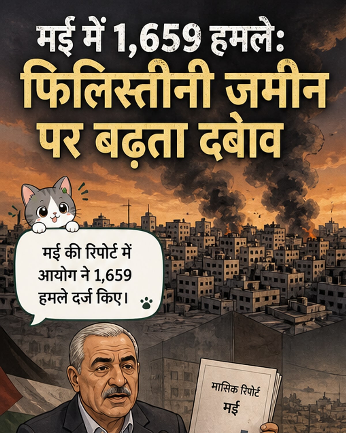 एक फिलिस्तीनी आयोग की रिपोर्ट जो मई में इजरायली सैनिकों और बस्तियों द्वारा किए गए 1,659 हमलों को दिखाती है, जिनमें हेब्रोन और रमाल्ला में सबसे अधिक घटनाएं शामिल हैं।