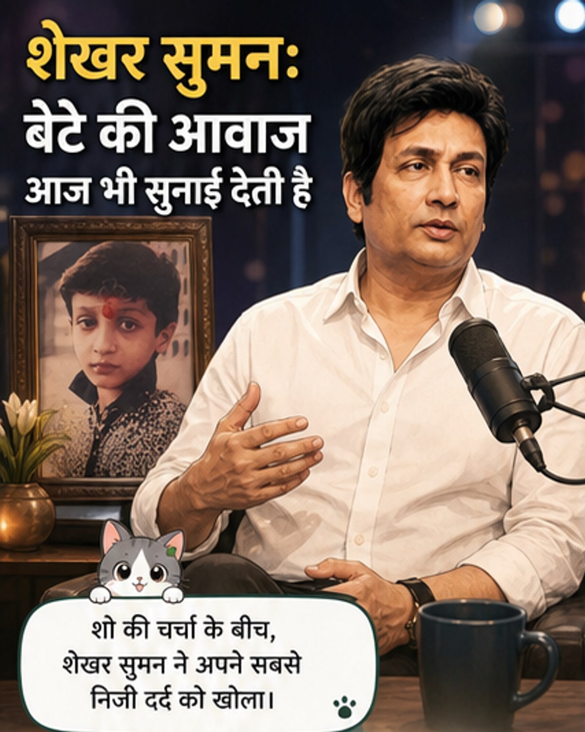 एक भावुक शेखर सुमन, अपने दिवंगत बेटे आयुष की तस्वीर के साथ बैठे हुए, आध्यात्मिक विश्वास और आवाज के अनुभव के बारे में बात कर रहे हैं।
