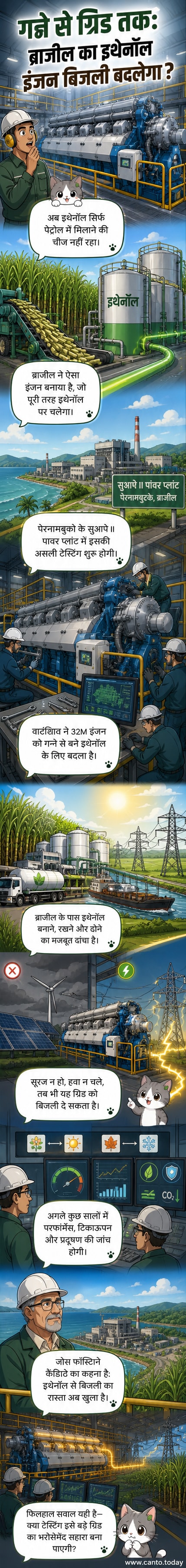 एक विशाल इथेनॉल इंजन जो गन्ने से बने बायोफ्यूल पर चलकर बिजली पैदा करता है, पेरनामबुको के एक पावर प्लांट में स्थापित है।