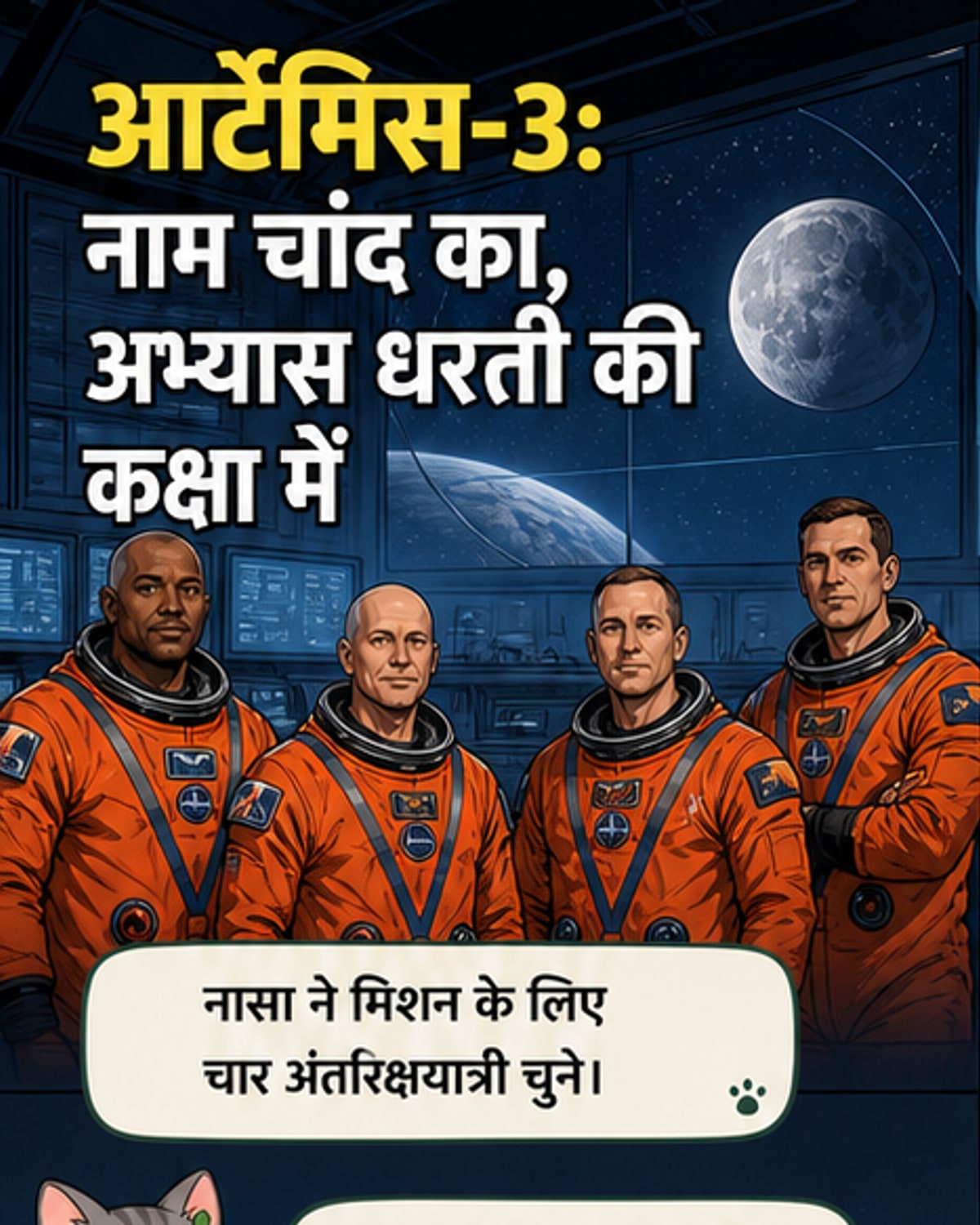 नासा के आर्टेमिस-3 मिशन के चार अंतरिक्षयात्री, पृथ्वी की कक्षा में ओरियन कैप्सूल और लूनर लैंडर के साथ डॉकिंग का अभ्यास करते हुए।