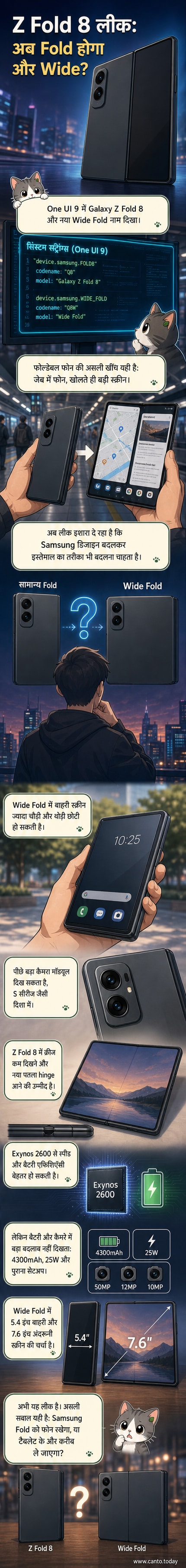 गैलेक्सी जेड फोल्ड 8 और 'वाइड फोल्ड' मॉडल की लीक हुई तस्वीरें, जिनमें चौड़ी बाहरी स्क्रीन और टैबलेट जैसी बड़ी अंदर की स्क्रीन दिखाई देती है।