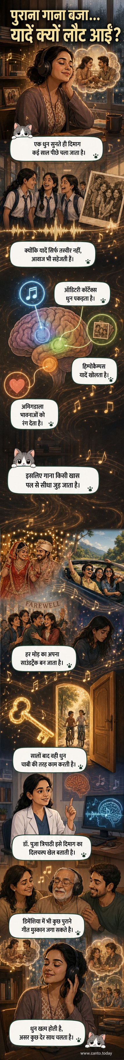 एक व्यक्ति हेडफोन लगाए हुए है, उसके दिमाग में यादों की तस्वीरें चमक रही हैं — स्कूल के दिन, दोस्तों के साथ शाम, पहला प्यार।