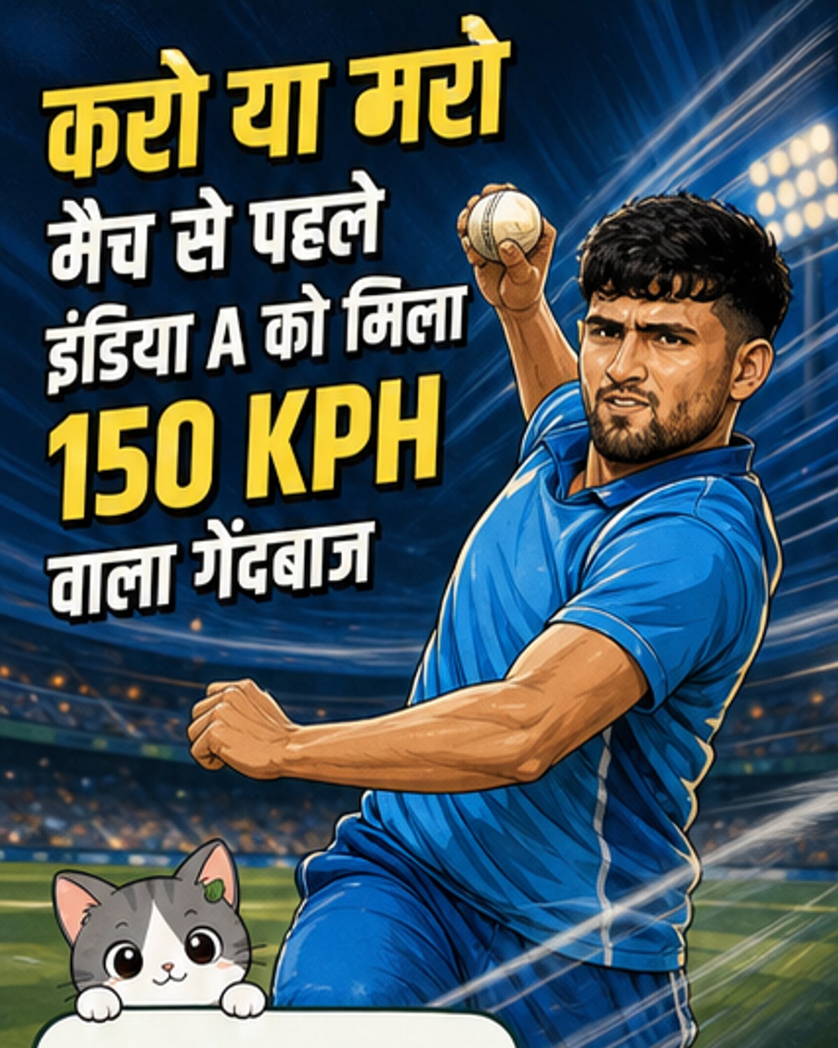 एक युवा भारतीय तेज गेंदबाज, अशोक शर्मा, गेंद के साथ क्रीज पर खड़ा है, पीछे भारत ए का जर्सी दिख रहा है, पृष्ठभूमि में श्रीलंका के मैदान का दृश्य है।