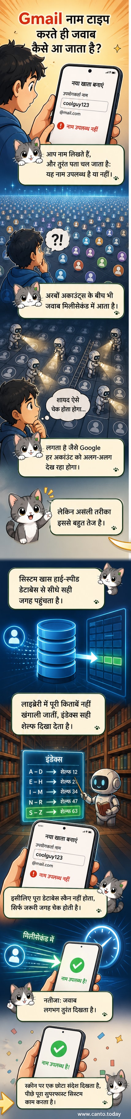 एक व्यक्ति लैपटॉप पर Gmail अकाउंट बना रहा है और स्क्रीन पर 'Username already taken' का संदेश दिख रहा है, पृष्ठभूमि में डेटाबेस और तेज़ गति के संकेत दिखाए गए हैं।