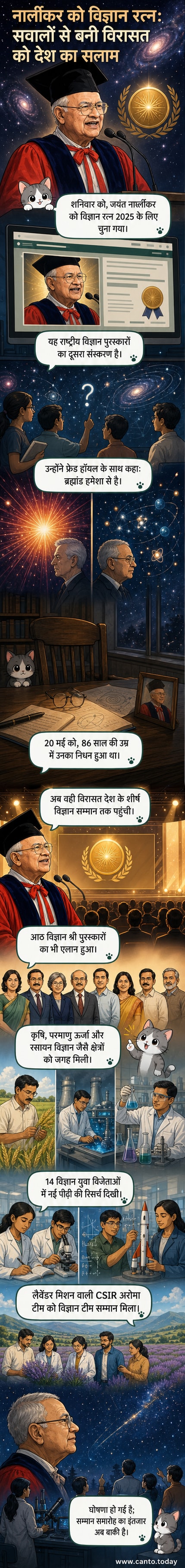 एक खगोल भौतिक विज्ञानी के साथ ब्रह्मांड के चित्रण वाली पृष्ठभूमि में विज्ञान रत्न पुरस्कार की घोषणा का दृश्य