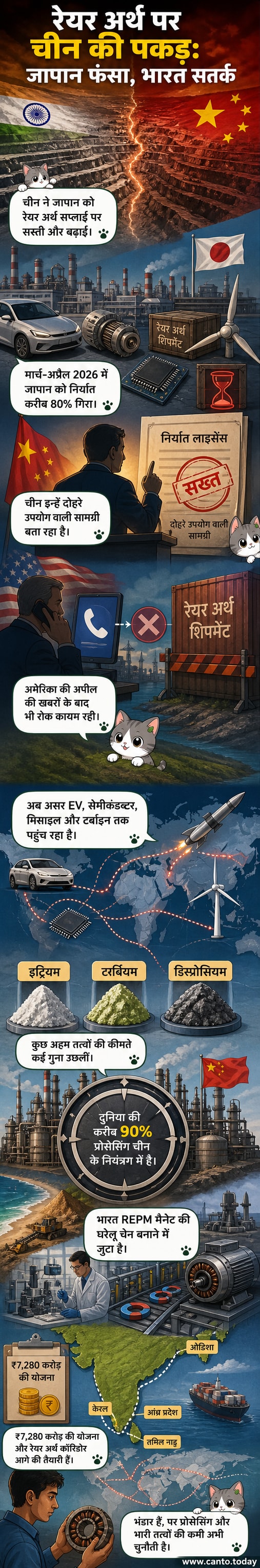 चीन के दुर्लभ धातु निर्यात प्रतिबंध को दर्शाते हुए एक भारतीय और जापानी उद्योग के बीच तनाव का चित्रण।