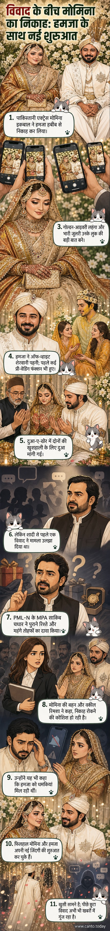 पाकिस्तानी एक्ट्रेस मोमिना इकबाल सुनहरे लहंगे में निकाह समारोह में, उनके पति हमजा हबीब शेरवानी में, दोनों मुस्कुराते हुए।