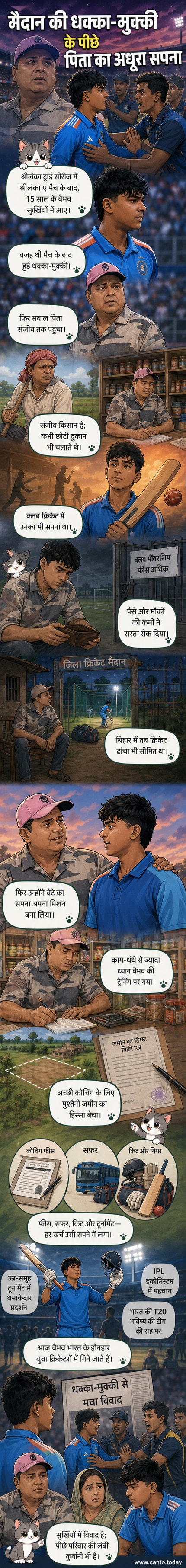 एक युवा क्रिकेटर मैदान पर बल्ला लेकर खड़ा है, पृष्ठभूमि में उसके पिता की छवि खेत में जमीन बेचने के संकेत के साथ दिखाई देती है।