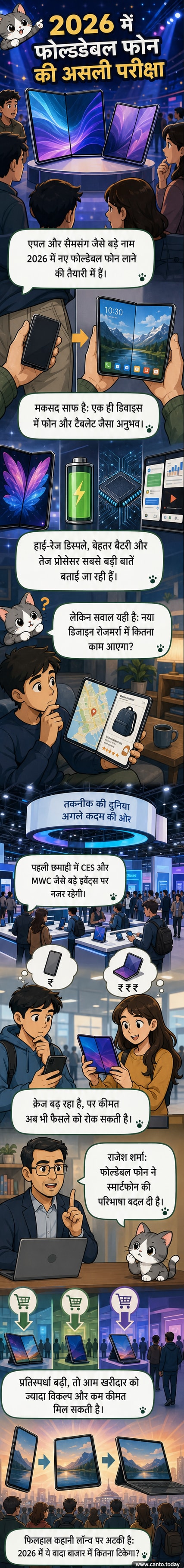 एक फोल्डेबल फोन का आर्टवर्क, जो खुले और बंद दोनों रूपों में दिखाया गया है, पृष्ठभूमि में टेक इवेंट का दृश्य।