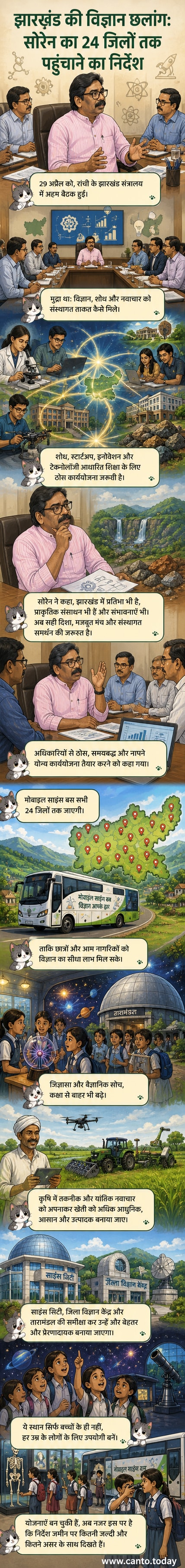 एक मोबाइल साइंस बस गांव के स्कूल के बच्चों के सामने रुकी हुई है, पीछे साइंस सिटी और तारामंडल के निर्माणाधीन भवन दिख रहे हैं।