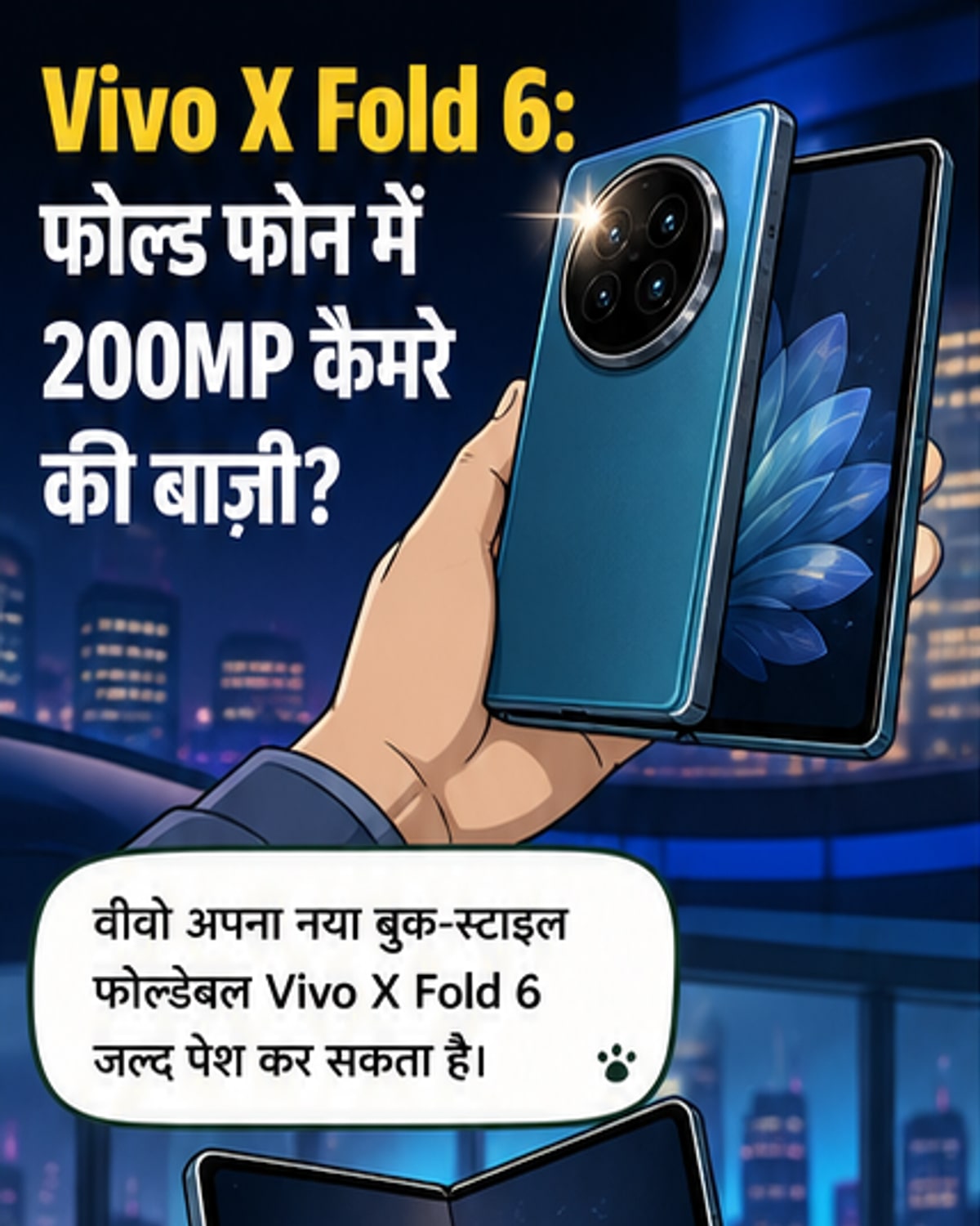 वीवो X फोल्ड 6 की कल्पनात्मक छवि, जिसमें बड़ा फोल्डेबल डिस्प्ले और पिछले हिस्से में कैमरा मॉड्यूल दिखाया गया है।