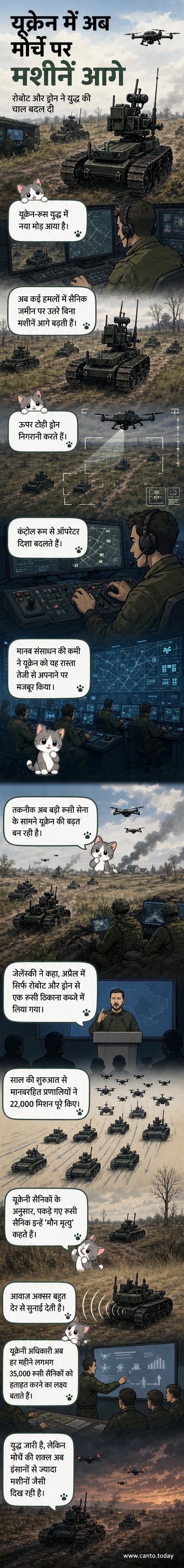 यूक्रेन के मैदान में एक छोटा रोबोटिक वाहन, जिस पर विस्फोटक लदा हुआ है, धुंधले प्रकाश में आगे बढ़ रहा है। पृष्ठभूमि में ड्रोन उड़ते दिख रहे हैं।