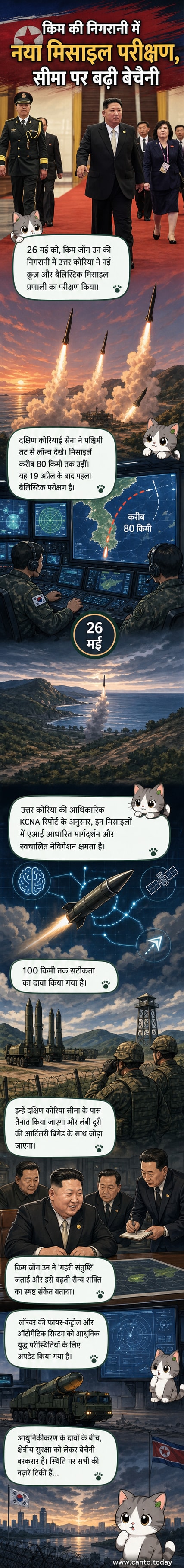 उत्तर कोरिया के नेता किम जोंग उन एक मिसाइल प्रणाली के परीक्षण को देखते हुए, पृष्ठभूमि में मिसाइल लॉन्च होती दिख रही है।