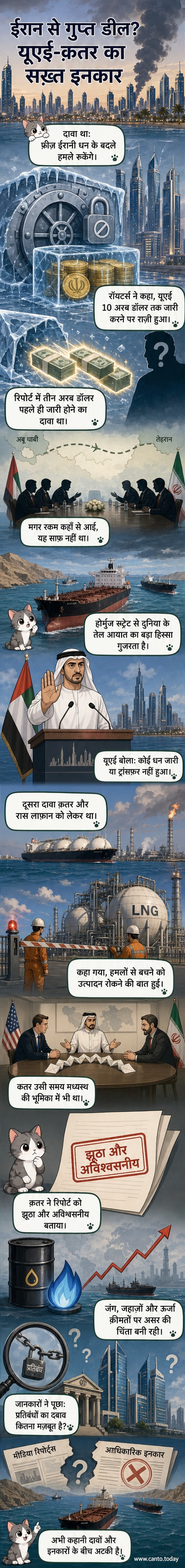 खाड़ी क्षेत्र के तीन देशों यूएई, कतर और ईरान के नक्शे के साथ एक दृश्य, जहां तनाव के बीच गुप्त बातचीत की चर्चा हो रही है।