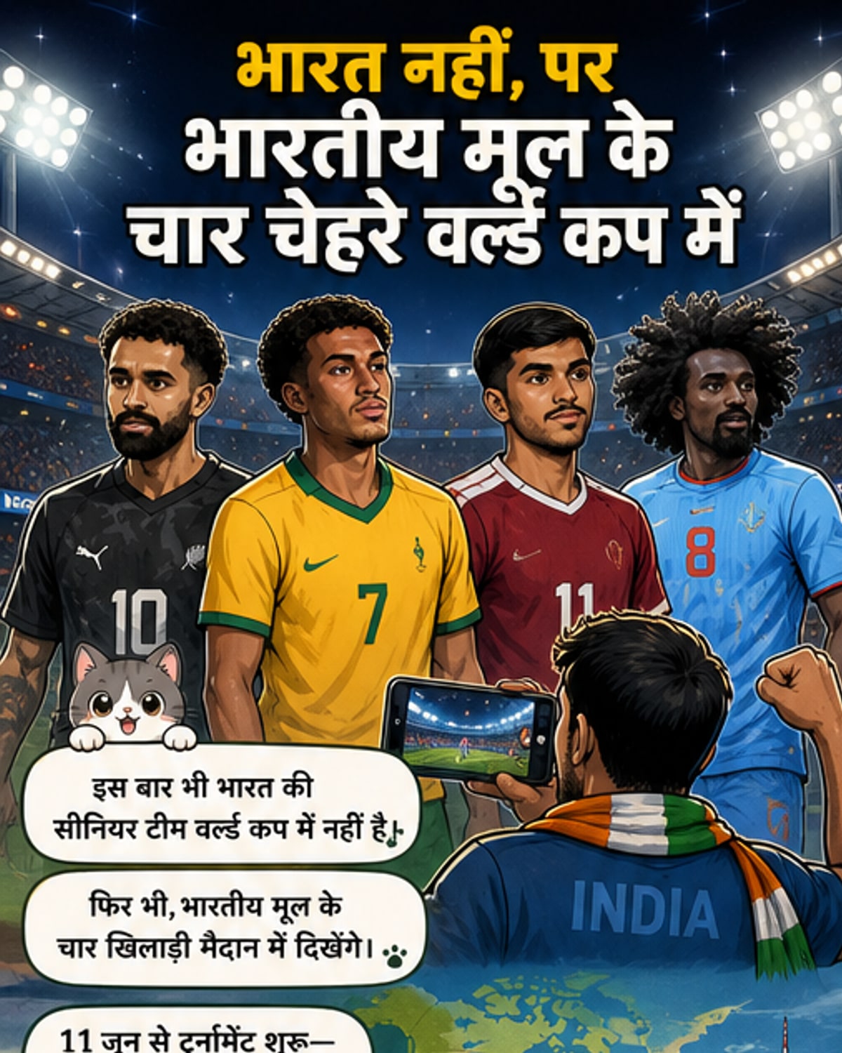 चार भारतीय मूल के फुटबॉलर — सरप्रीत सिंह, निशान वेलुपिल्लै, तहसीन मोहम्मद जमशेद और सैमुअल मूटुस्सामी — फीफा वर्ल्ड कप 2026 में अलग-अलग देशों की ओर से खेलते हुए।