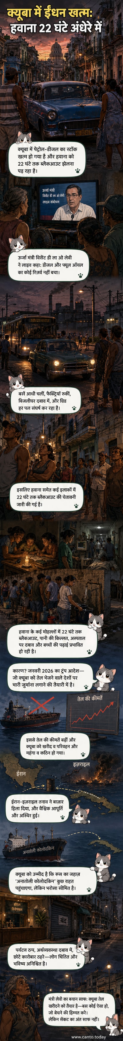 क्यूबा के एक शहर की सड़क, जहां बिजली नहीं है, अंधेरे में खड़ी गाड़ियां और मोमबत्ती की रोशनी में पढ़ते बच्चे।