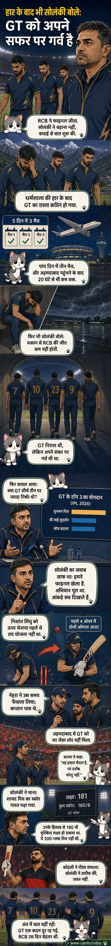 गुजरात टाइटंस के कोच विक्रम सोलंकी प्रेस कॉन्फ्रेंस में आईपीएल फाइनल के बारे में बात कर रहे हैं, पीछे RCB के खिलाड़ी जश्न मना रहे हैं।