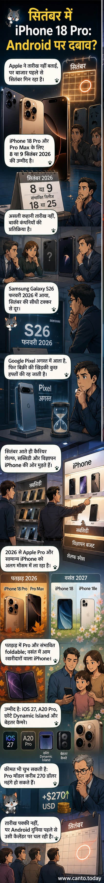 एक आईफोन 18 प्रो का स्टाइलाइज्ड इमेज, जिसके पीछे एंड्रॉइड फोन की छाया धुंधली दिख रही है, जो बाजार में प्रतिस्पर्धा को दर्शाता है।