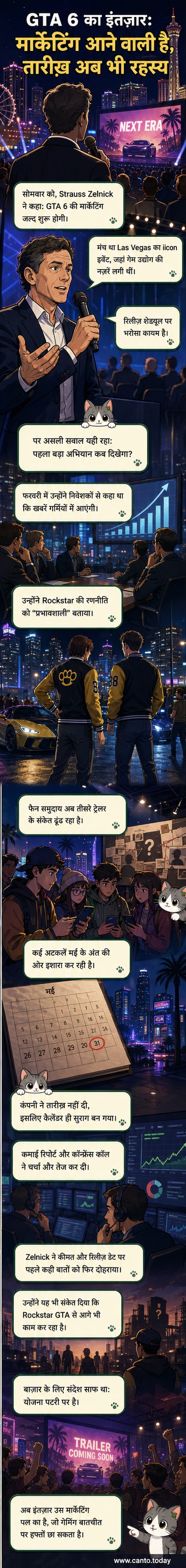 एक डार्क थीम वाला वेबटून पैनल जिसमें GTA 6 के लोगो और एक शहर के सिल्हूट के साथ मार्केटिंग टाइमलाइन का संकेत दिया गया है