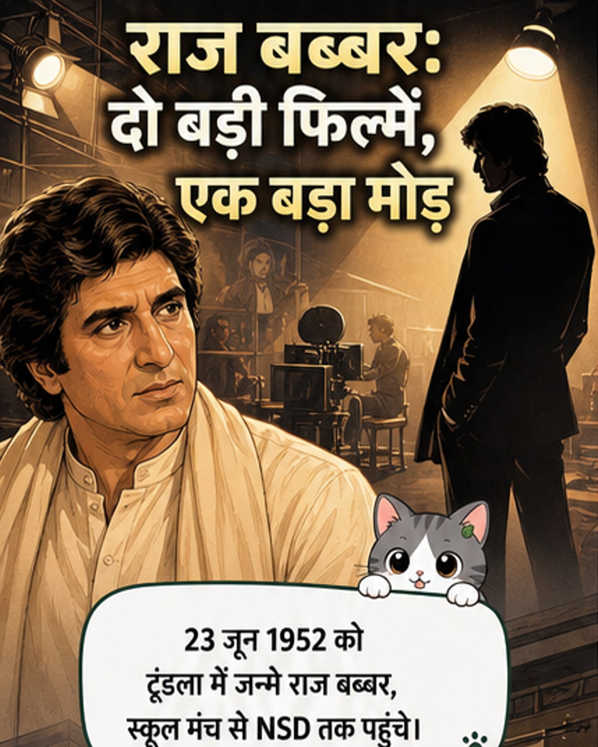 राज बब्बर और अमिताभ बच्चन के बीच फिल्मी तुलना के साथ एक वेबटून कवर पैनल, जहां एक फिल्म क्लैपबोर्ड पर 'शक्ति' और 'नमक हलाल' के नाम लिखे हैं और एक तरफ राज बब्बर की तस्वीर है, दूसरी तरफ अमिताभ बच्चन की।
