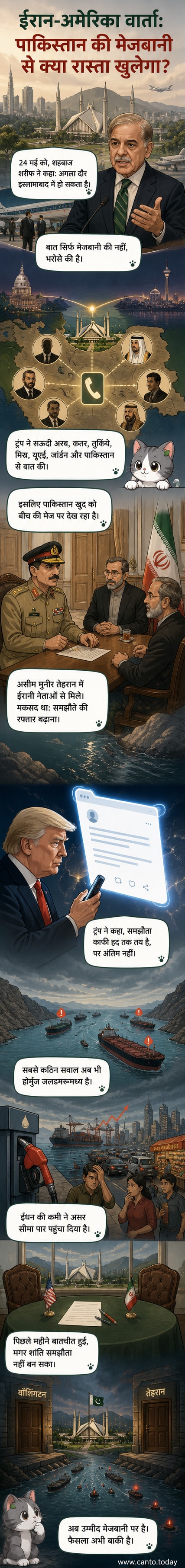 एक वेबटून पैनल जिसमें पाकिस्तान के प्रधानमंत्री शहबाज शरीफ ईरान और अमेरिका के बीच शांति वार्ता की मेजबानी की उम्मीद जताते हुए दिखाई दे रहे हैं, पृष्ठभूमि में हॉर्मुज जलडमरूमध्य का नक्शा और जहाज दिख रहे हैं।