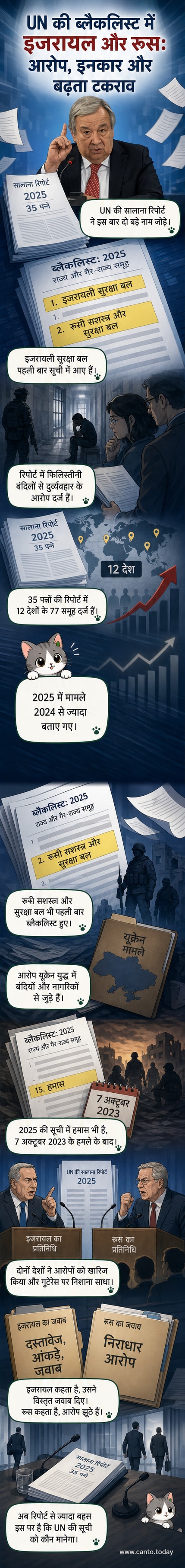 एक वेबटून पैनल जिसमें संयुक्त राष्ट्र की इमारत के सामने इजरायल और रूस के सैनिकों के खिलाफ यौन हिंसा के आरोप दिखाए गए हैं, पृष्ठभूमि में गाजा और यूक्रेन के दृश्य हैं
