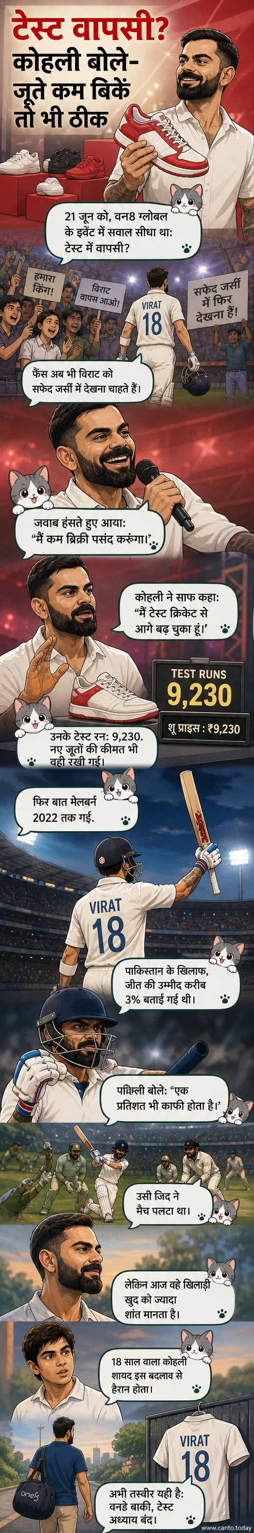 विराट कोहली एक स्टेज पर मुस्कुराते हुए, पीछे उनके नए जूतों का बैनर लगा है और स्क्रीन पर '9230 रन' और '9230 रुपये' लिखा है।