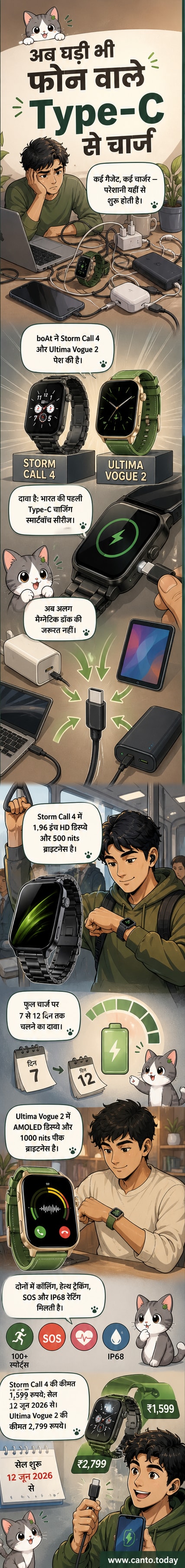 boAt Storm Call 4 और boAt Ultima Vogue 2 स्मार्टवॉच के साथ USB Type-C केबल से चार्ज होते हुए।