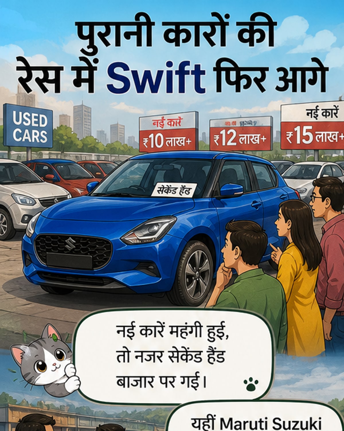 मारुति स्विफ्ट की एक छवि, शहरी सड़क पर खड़ी, जिसके पीछे यूज्ड कार डीलरशिप का संकेत है।