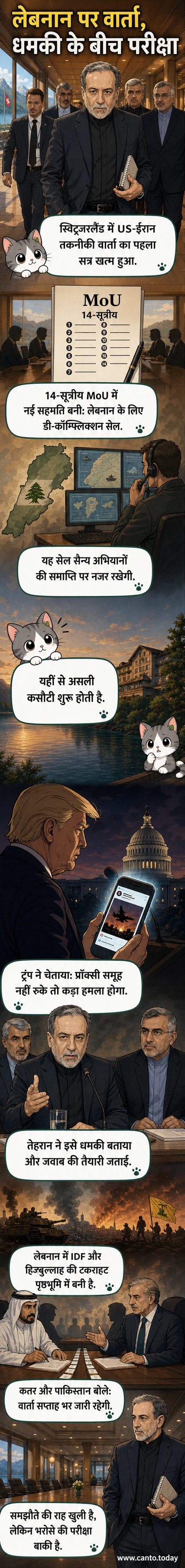 एक वेबटून पैनल जिसमें स्विट्जरलैंड में अमेरिका और ईरान के प्रतिनिधि एक डी-कॉन्फ्लिक्शन सेल बनाने के लिए बातचीत करते दिखाई दे रहे हैं, पृष्ठभूमि में लेबनान में चल रहे संघर्ष के संकेत हैं।